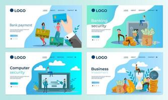 A set of landing page templates.Bank payments, Bank security, computer security, business investment.Templates for use in mobile app development.Flat vector illustration.