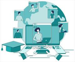 Online education.People connect with each other through video conferences to gain knowledge.The concept of distance learning,using a laptop when you are anywhere in the world. vector