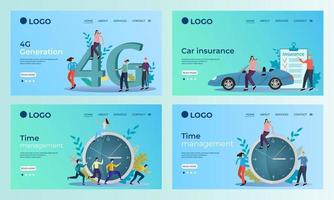 A set of landing page templates.Time management, 4G communications, car insurance .Templates for use in mobile app development.Flat vector illustration.