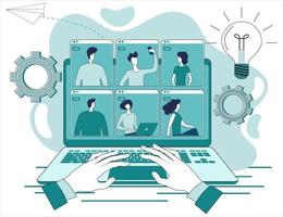 Business negotiations online.People talk to each other via video conference using a laptop.The concept of business relations and teamwork.Business and modern technologies.Flat vector illustration.