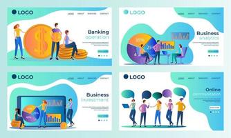 A set of landing page templates.Banking operations, business Analytics, Business investments, Online communications.Templates for use in mobile app development.Flat vector illustration.