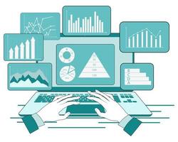 un hombre de negocios trabaja con análisis. un hombre de negocios estudia una infografía en una pantalla de computadora. el concepto de trabajo en equipo y contabilidad de datos. financiación de negocios y proyectos. ilustración vectorial isométrica. vector