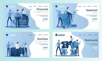 A set of landing page templates.Teamwork, Financial investment, Business investment, Sale.Templates for use in mobile app development.Flat vector illustration.