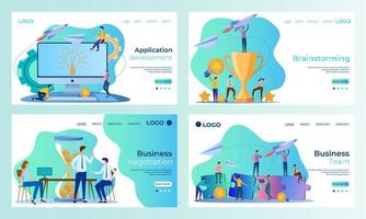 A set of landing page templates.Application development, Brainstorming, Business negotiations, Business team.Templates for use in mobile app development.Flat vector illustration.