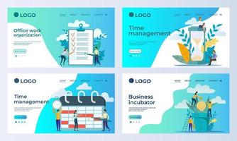 A set of landing page templates.Coworking,time management,and business incubator.Templates for use in mobile app development.Flat vector illustration.