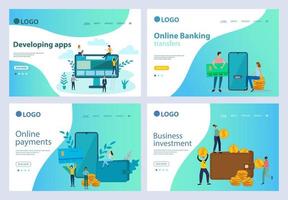 A set of landing page templates.Office management, online payments, business investment, online banking.Templates for use in mobile app development.Flat vector illustration.