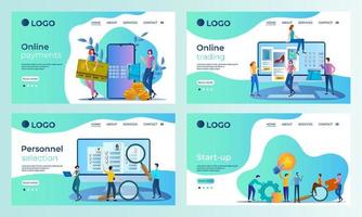 A set of landing page templates.Online payments, Online purchases, recruitment,Start-up. Templates for use in mobile app development.Flat vector illustration.