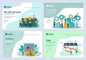 A set of landing page templates.Rating assessment, business promotion, online banking,time management.Templates for use in mobile app development.Flat vector illustration.