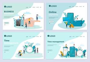 A set of landing page templates.Business management, online payments, time management.Templates for use in mobile app development.Flat vector illustration.