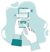 A person communicates in a chat using SMS messages.Modern communication.Hands and phone on a green background.Flat vector illustration.