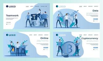A set of landing page templates.Teamwork,data Protection, Online payments, cryptocurrency Production.Templates for use in mobile app development.Flat vector illustration.