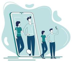 la gente se toma selfies con sus smartphones. nuevas tecnologías, facilidad de uso, gente feliz, estilo de vida. ilustración vectorial abstracta para diseño y diseño web. vector