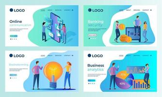 A set of landing page templates.Online communications, Banking security, Brainstorming,Business Analytics.Templates for use in mobile app development.Flat vector illustration.