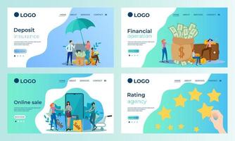 A set of landing page templates.Deposit insurance, financial transactions, online sales,rating Agency.Templates for use in mobile app development.Flat vector illustration.