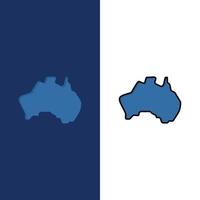 Australian Country Location Map Travel  Icons Flat and Line Filled Icon Set Vector Blue Background