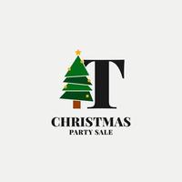 letter T with christmas tree decoration for celebrating december sale or party initial icon vector