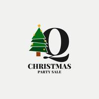 letter Q with christmas tree decoration for celebrating december sale or party initial icon vector