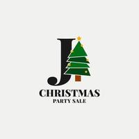 letter J with christmas tree decoration for celebrating december sale or party initial icon vector