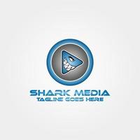 blue angry shark play button inside circle cartoon style vector logo design for multimedia store and app