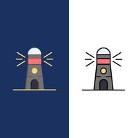 Lighthouse Building Navigation House  Icons Flat and Line Filled Icon Set Vector Blue Background