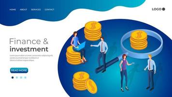 Search for financial investments.People on the background of coins and a magnifying glass.The concept of helping businesses.Financial contribution to the development of production.3D-image. vector