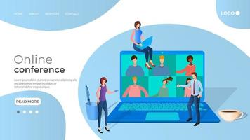 People hold an online conference.People on the background of a laptop with a webcam.The concept of freelancing Remote work and doing business online.3D vector illustration.