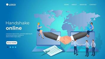 Handshake online.The signing of the contract with the help of online connection.People in the background of a laptop.The concept of modern business technologies.Isometric vector illustration.