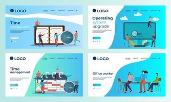 A set of landing page templates.Time management, system updates, office work.Templates for use in mobile app development.Flat vector illustration.