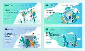 A set of landing page templates.Time management, land protection, Bank data protection, online consultations.Templates for use in mobile app development.Flat vector illustration.