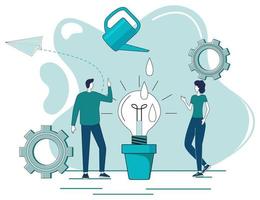 Creating a new startup.People grow a light bulb in a pot.Light bulb as a symbol of new ideas, business incubator.Concept of support for young businessmen.Flat vector illustration.