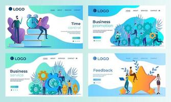 A set of landing page templates.Time control, Business promotion, Business service, Feedback.Templates for use in mobile app development.Flat vector illustration.