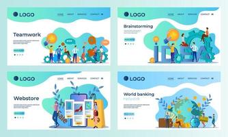 A set of landing page templates.Teamwork, Brainstorming,Online store, international banking network.Templates for use in mobile app development.Flat vector illustration.