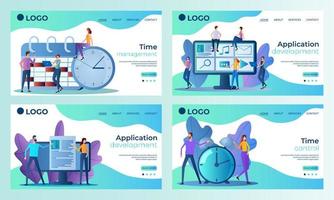 A set of landing page templates.Time management, application Development, Time control.Templates for use in mobile app development.Flat vector illustration.