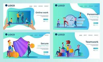 A set of landing page templates.Online work, Personal training, Secure payments, Teamwork.Templates for use in mobile app development.Flat vector illustration.