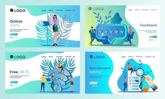 A set of landing page templates.Online work,Feedback, Free WI-FI, recruitment.Templates for use in mobile app development.Flat vector illustration.