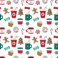 Hot winter drinks and holiday bakery seamless pattern. Coffee with cream, cocoa with marshmallow, cupcakes, donuts, cookies. Isolated on white background. Holiday themed digital paper. vector