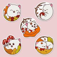 Happy cat in autumn sticker set vector