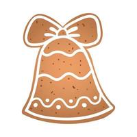 Holiday gingerbread cookie in shape of bell with white icing. Vector illustration in flat style