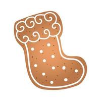 Holiday gingerbread cookie in shape of boots with white icing. Vector illustration in flat style