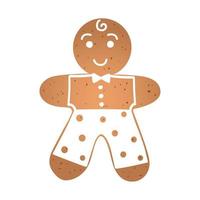 Holiday gingerbread cookie in shape of man with white icing. Vector illustration in flat style