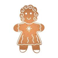 Holiday gingerbread cookie in shape of woman with white icing. Vector illustration in flat style