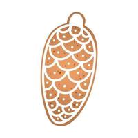 Holiday gingerbread cookie in shape of fir cone with white icing. Vector illustration in flat style