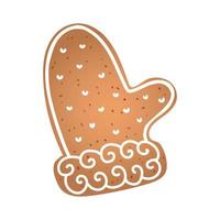 Holiday gingerbread cookie in shape of mittens with white icing. Vector illustration in flat style