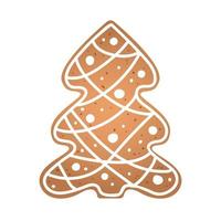 Holiday gingerbread cookie in shape of christmas tree with white icing. Vector illustration in flat style