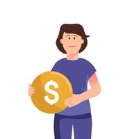 Young woman holding gold coin,people character illustration vector