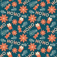 Christmas seamless pattern on blue background. Seamless vector with gingerbread and fir cones in orange. Gingerbread classic decorated cookies for fabric or paper print.