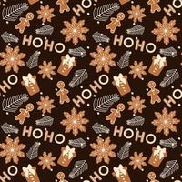 Christmas seamless pattern on brown background. Seamless vector with gingerbread and spruce cones in orange. Gingerbread cookies classic for printing on fabric or paper.