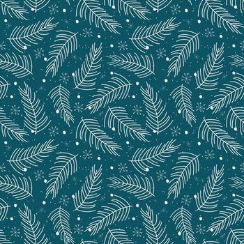 patrón de rama de abeto sin costuras. vector de rama de árbol transparente con copos de nieve en blanco sobre fondo azul. patrón navideño para tela o papel de regalo.