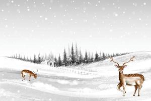 New year and christmas tree winter landscape background with reindeers vector