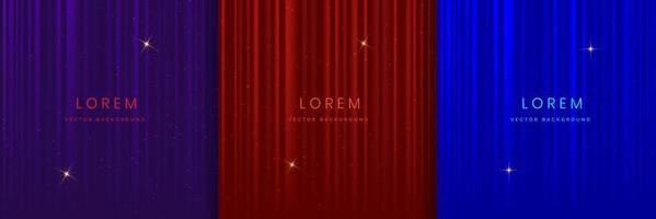 Set of abstract luxury purple, red, dark blue fabric curtain scene background with lighting effect and sparkle. vector